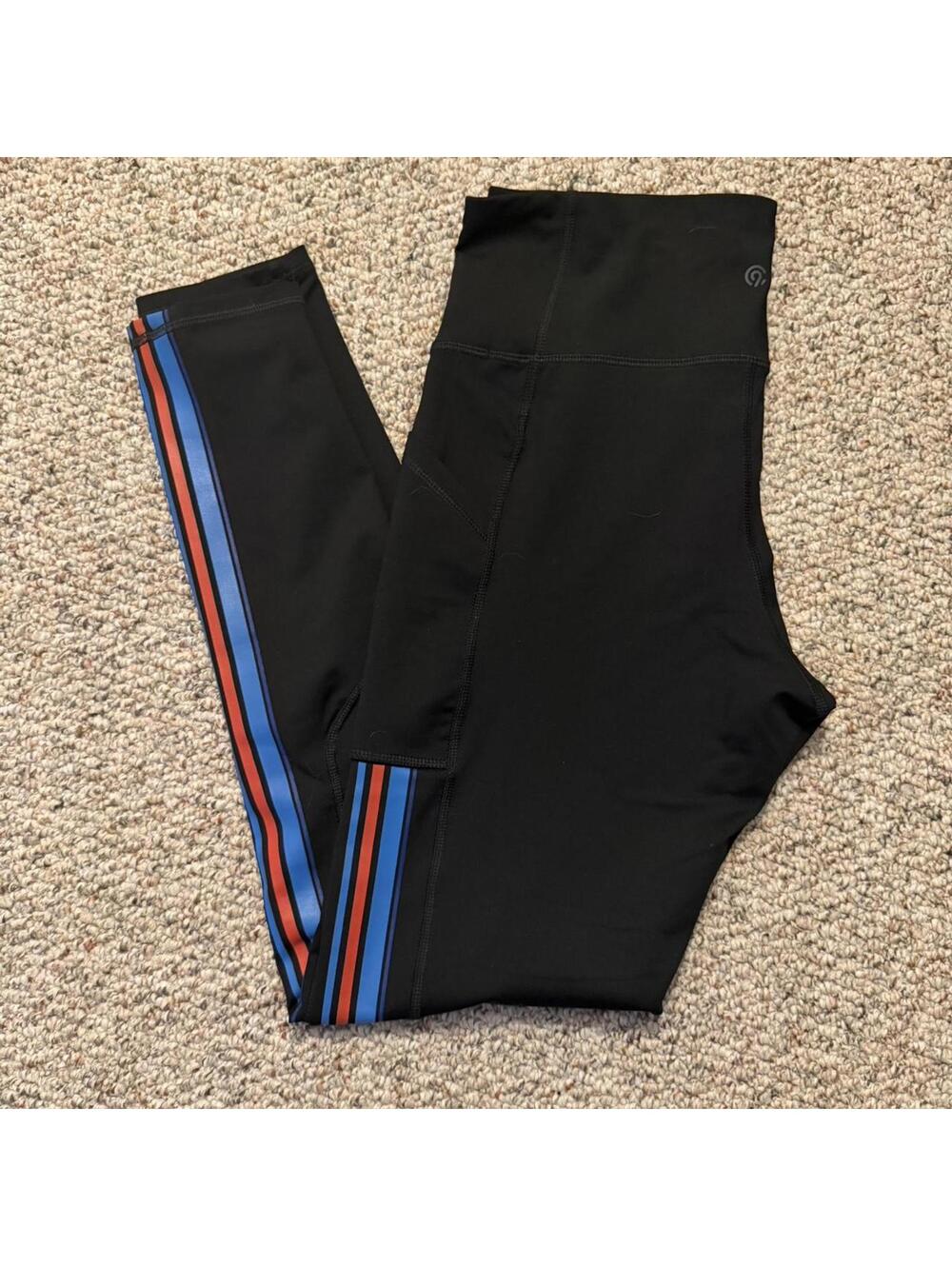 Champion C9 black leggings with blue and red stripes, phone pockets